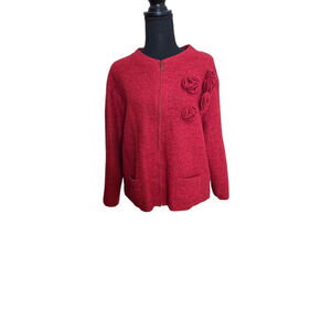 Ruby Rd. Red Wool Cardigan with Floral Applique Size M